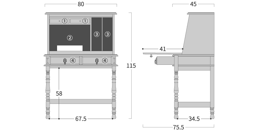 CPT5 Writing desk inlay: Original dimension drawing; original design reference, not Gulmohar teak finish