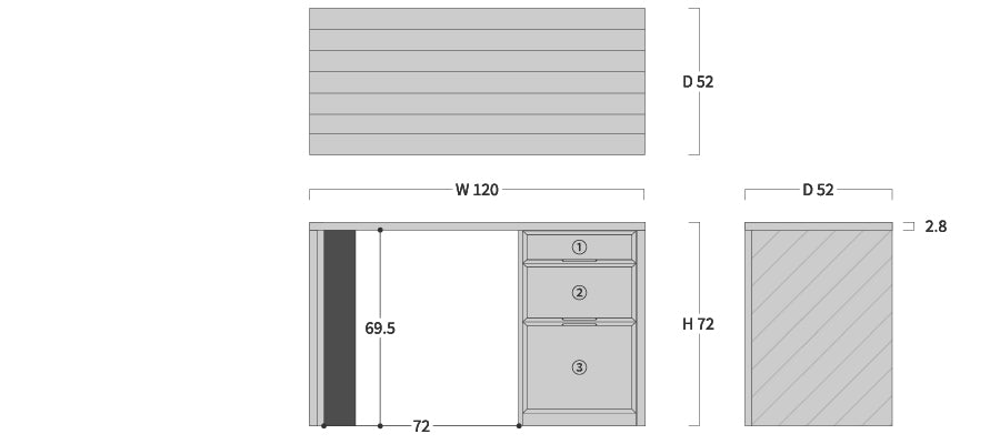 ac-cent board Smart desk I type one side chest: Original dimension drawing; original design reference, not Gulmohar teak finish