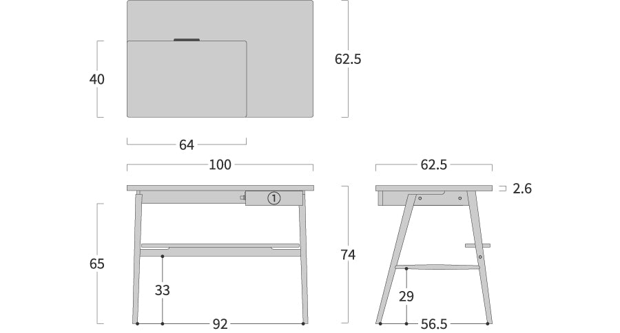 Theta Desk: Original dimension drawing; original design reference, not Gulmohar teak finish