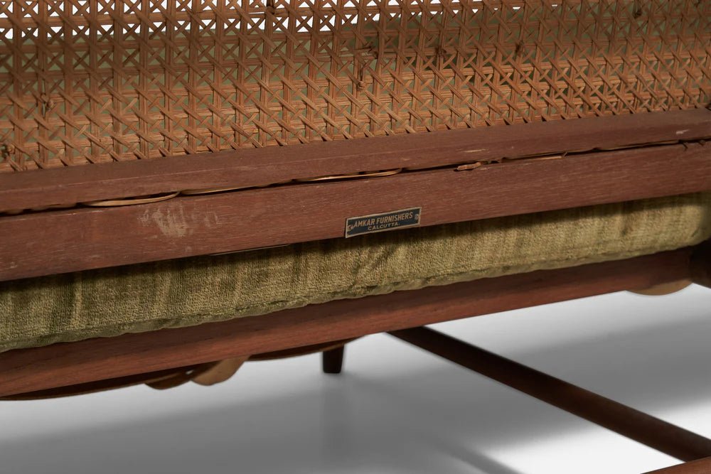 Gajanan Upadhyay, 3 Seater Sofa, Rattan, Teak, Velvet, NID, India, c. 1964 - GULMOHAR WOOD WORKS - Made in Bangalore