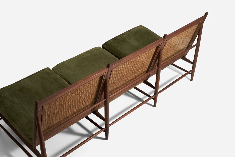 Gajanan Upadhyay, 3 Seater Sofa, Rattan, Teak, Velvet, NID, India, c. 1964 - GULMOHAR WOOD WORKS - Made in Bangalore
