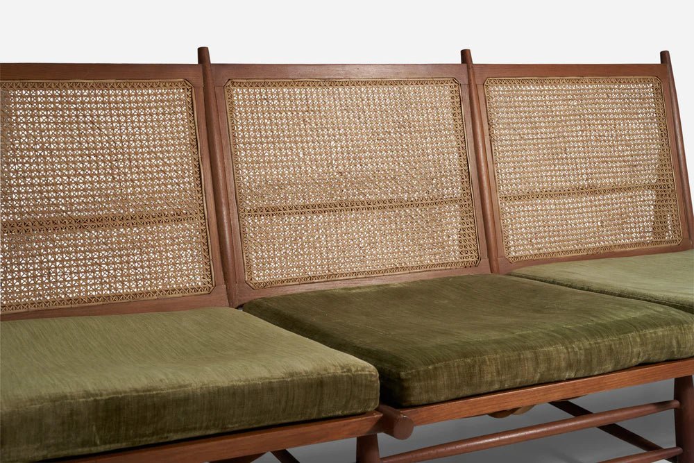 Gajanan Upadhyay, 3 Seater Sofa, Rattan, Teak, Velvet, NID, India, c. 1964 - GULMOHAR WOOD WORKS - Made in Bangalore