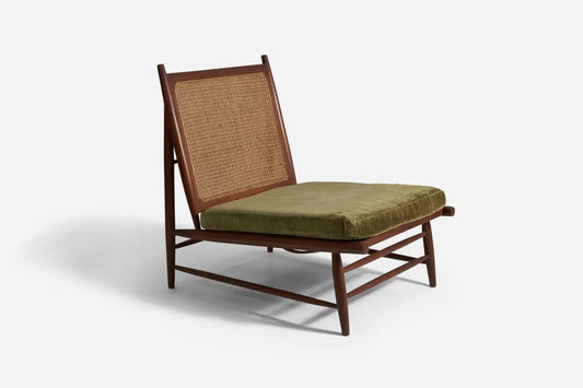 Gajanan Upadhyay, Slipper Chairs, Rattan, Teak, Velvet, NID, India, c. 1964 - GULMOHAR WOOD WORKS - Made in Bangalore