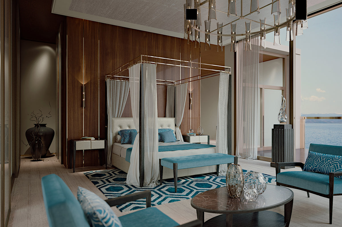 Levante Canopy style bed, view 2; design reference for a custom teak bed by Gulmohar Wood Works, Bangalore. Fabric shown is not final.