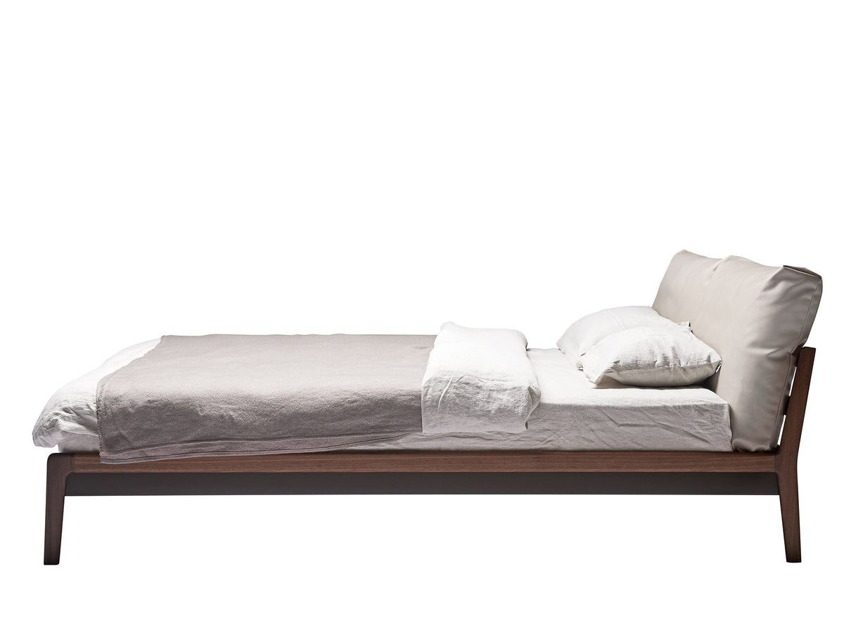 Sova style bed, view 2; design reference for a custom teak bed by Gulmohar Wood Works, Bangalore. Fabric shown is not final.