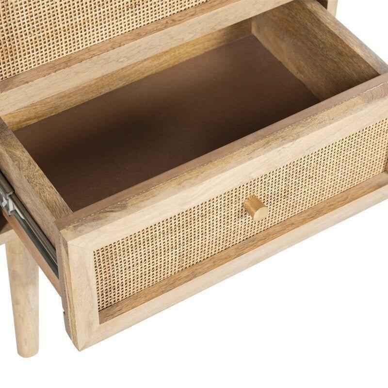 Solid mango wood nightstand with two cane-front drawers and a gold knob.