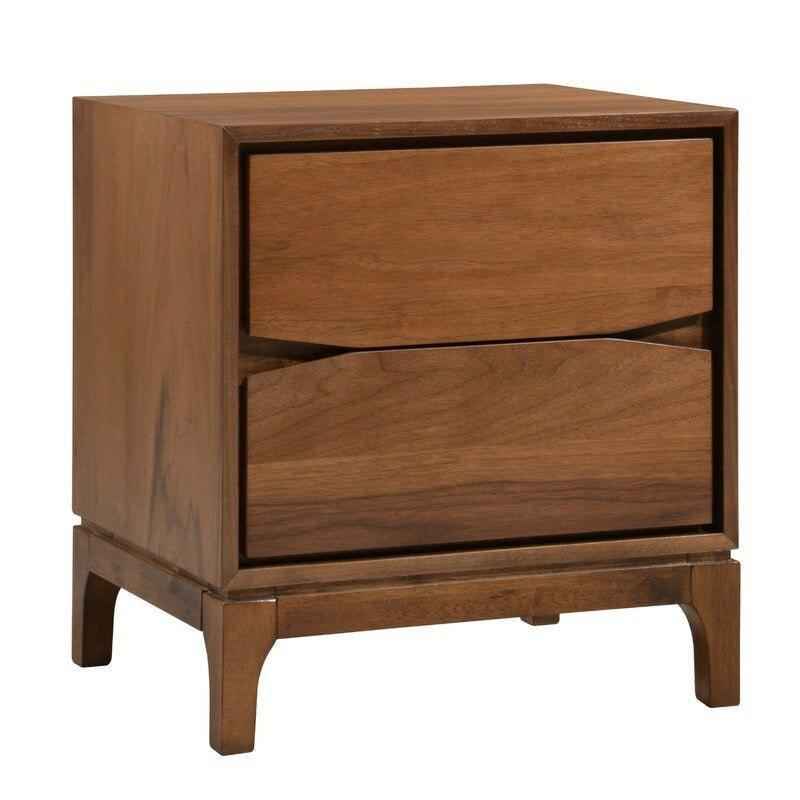 Solid teak wood nightstand with two drawers and Scandinavian design.