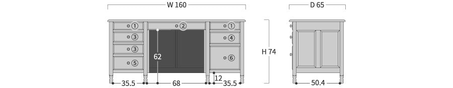 Kitanotakumi No.4,5 Desk: Original dimension drawing; original design reference, not Gulmohar teak finish