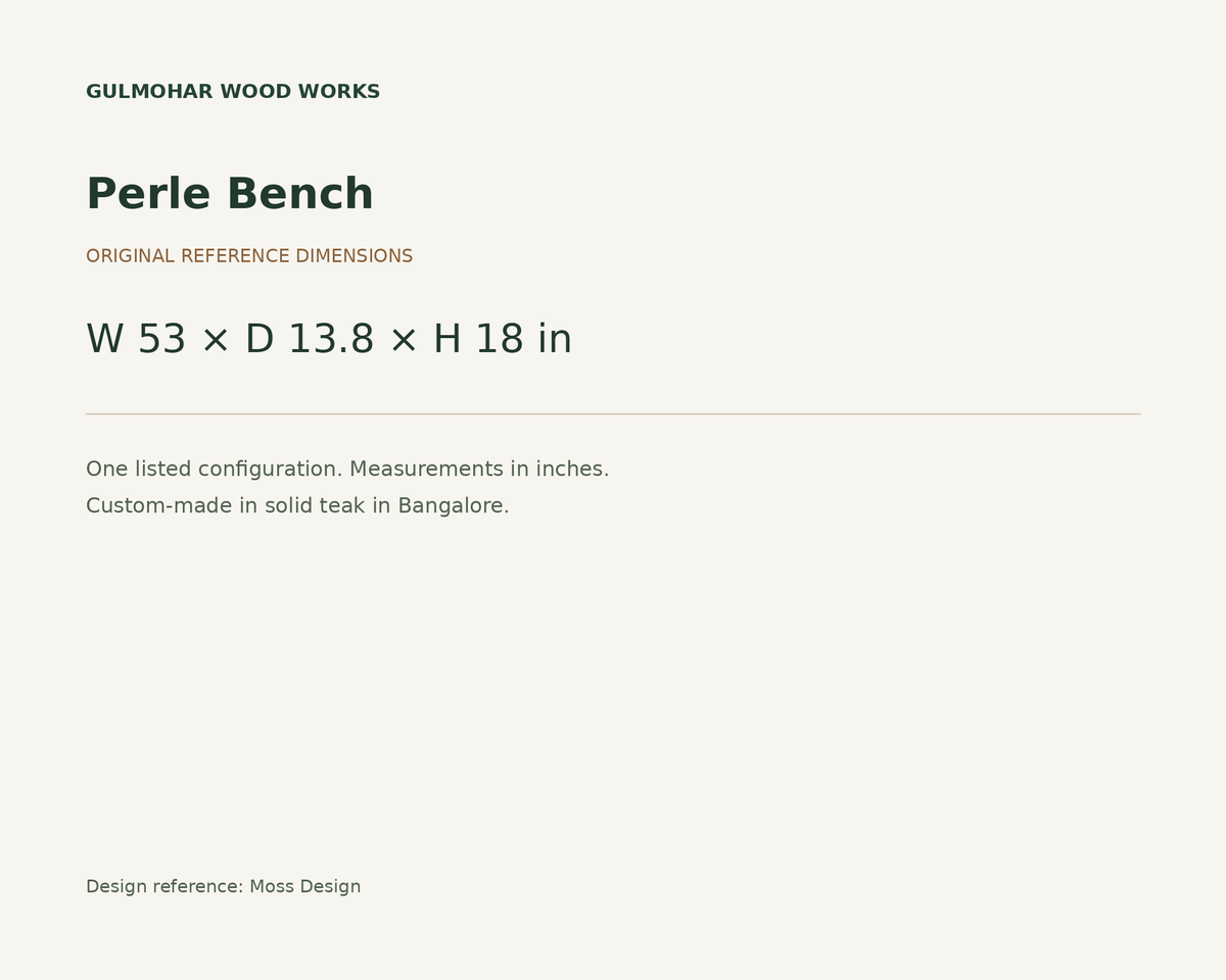 Perle Bench dimensions: W 53 × D 13.8 × H 18 in