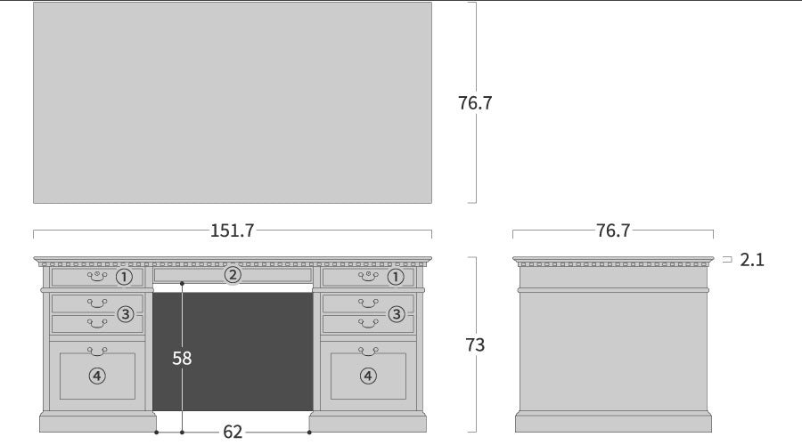 Brooks Double-sleeve desk: Original dimension drawing; original design reference, not Gulmohar teak finish