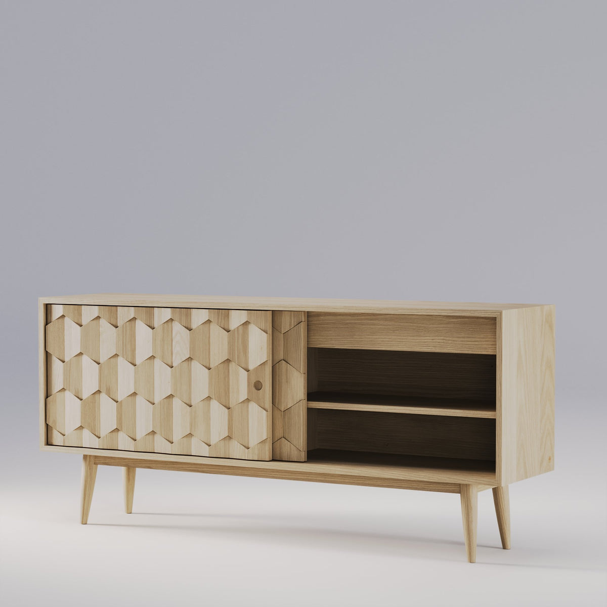 Scarpa Sideboard open sliding door and storage interior; original oak design reference