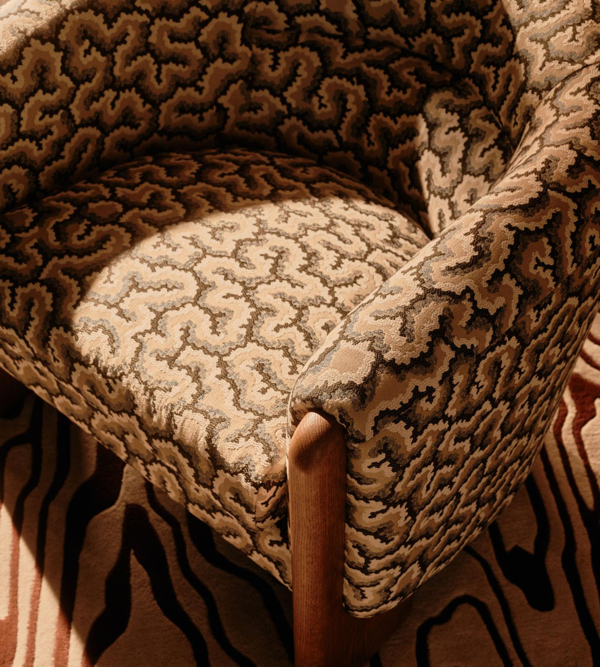 Soho Home Winnie Armchair, upholstery detail. Original design reference; Gulmohar custom version uses teak.