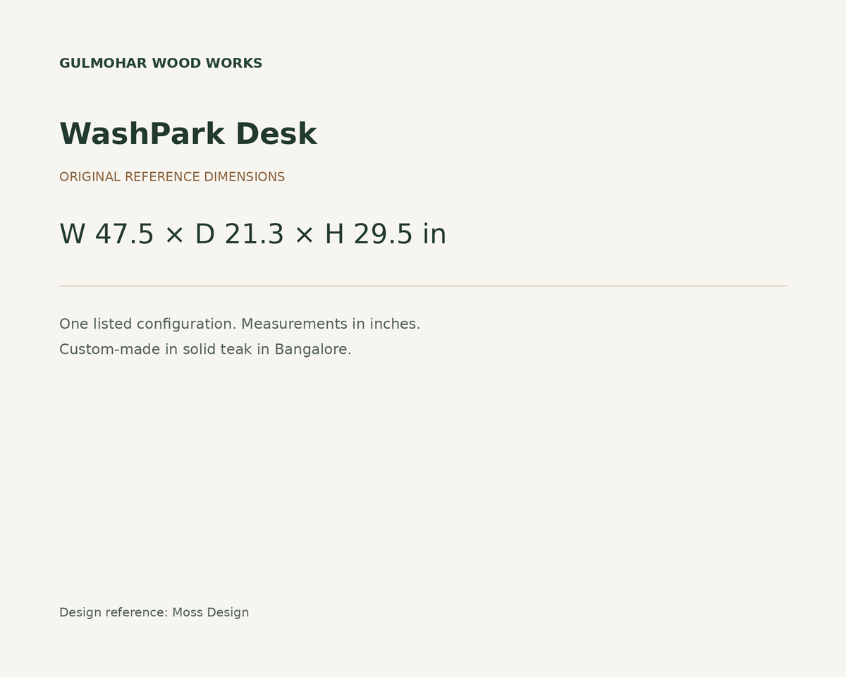 WashPark Desk dimensions: W 47.5 × D 21.3 × H 29.5 in