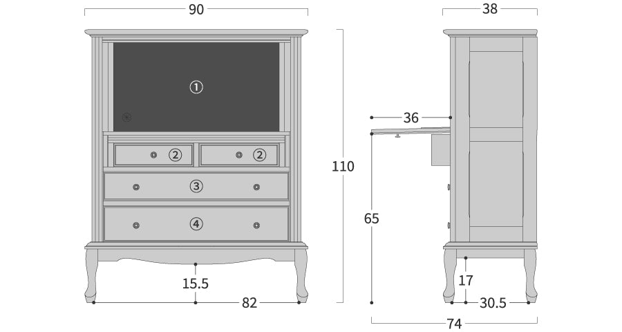 Campanula Writing board: Original dimension drawing; original design reference, not Gulmohar teak finish