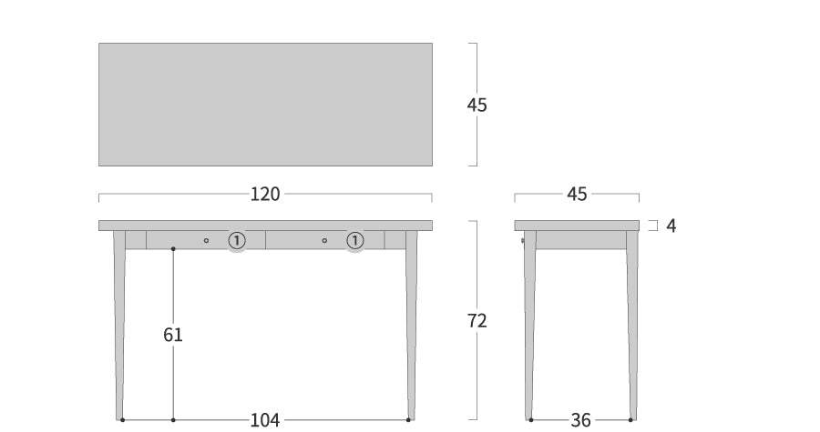 Biruta Writing Desk: Original dimension drawing; original design reference, not Gulmohar teak finish
