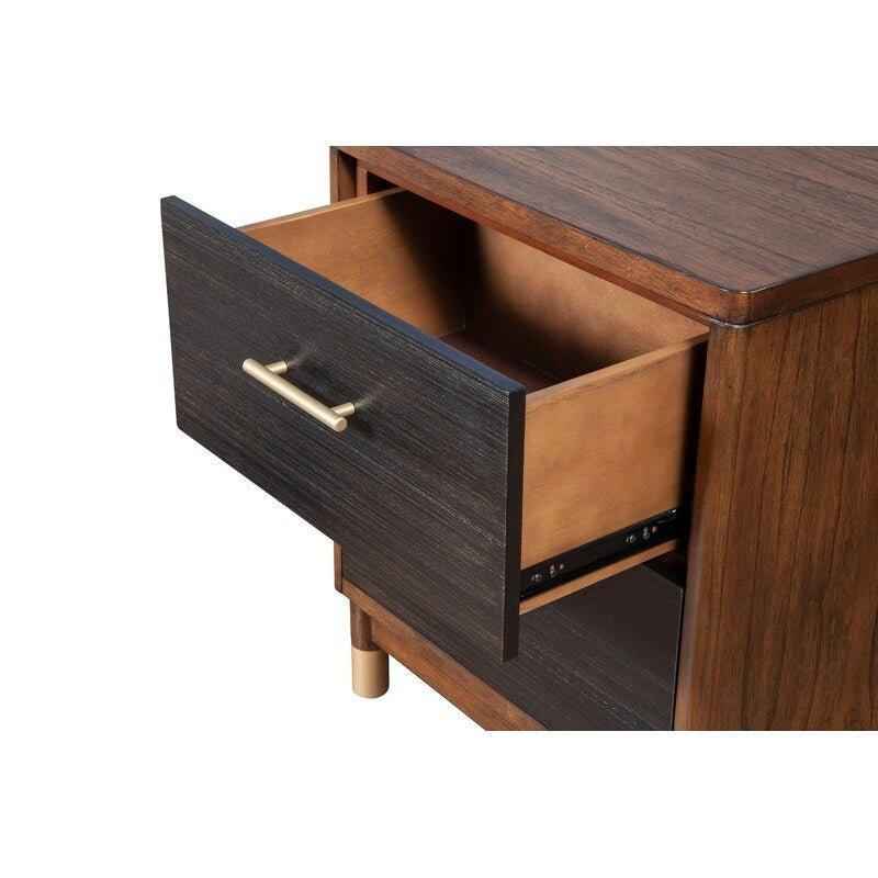 A teak wood nightstand with a dark wood drawer and gold handle.