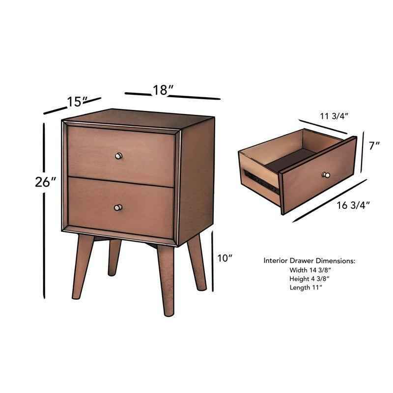 Teak wood nightstand with two drawers and tapered legs.