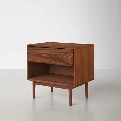 Gulmohar Wood Works Clark Teak Wood Nightstand with drawer and open shelf.