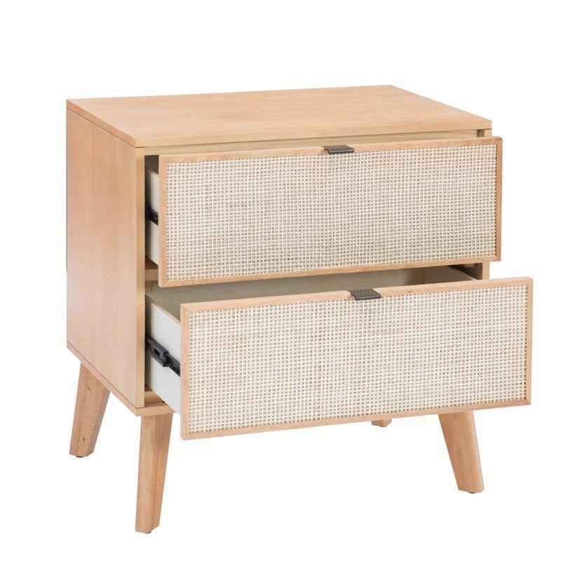 Marcus Mid-Century Cane Nightstand in ash wood with two cane-front drawers.