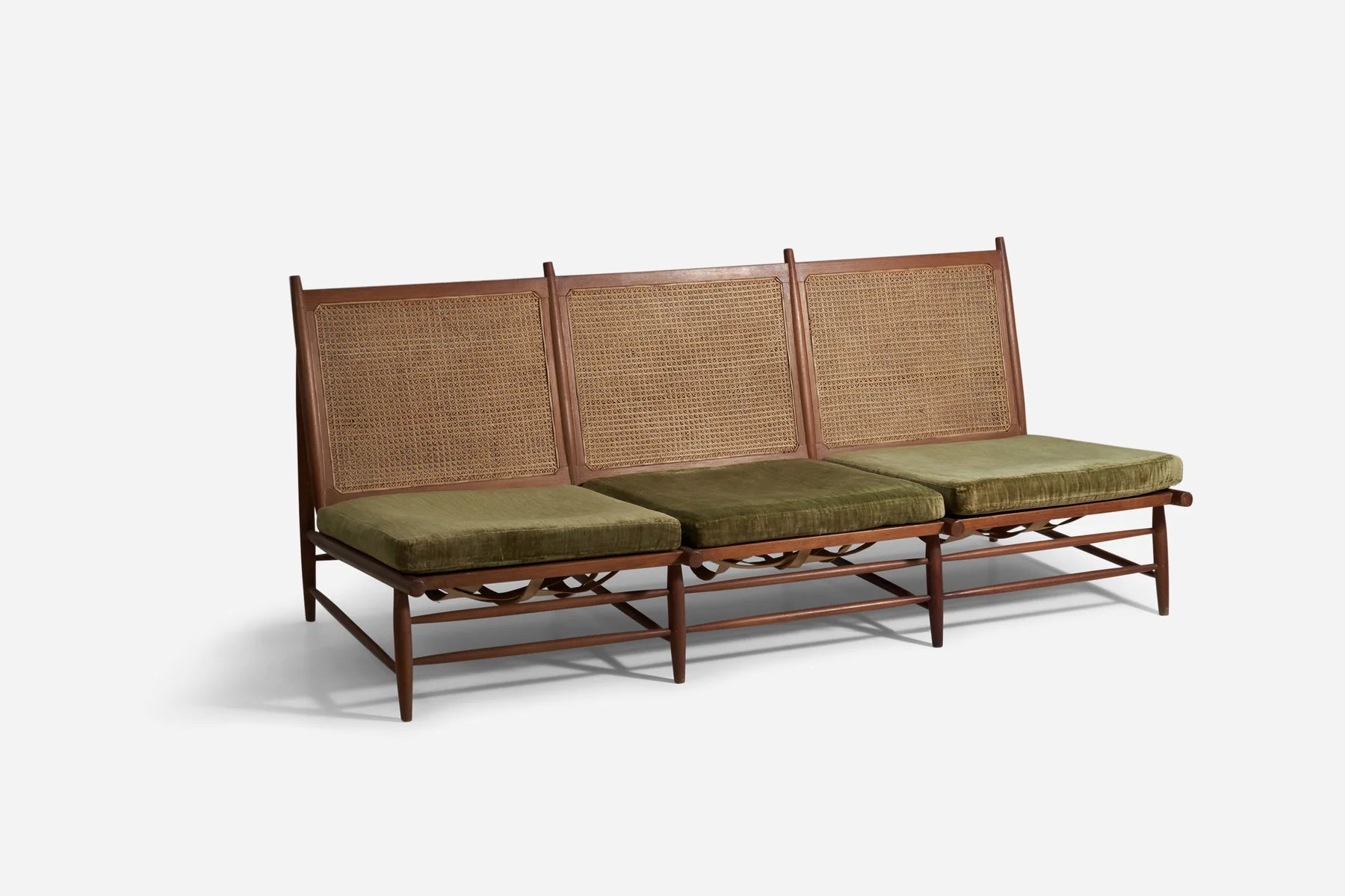 Gajanan Upadhyay, 3 Seater Sofa, Rattan, Teak, Velvet, NID, India, c. 1964 - GULMOHAR WOOD WORKS - Made in Bangalore