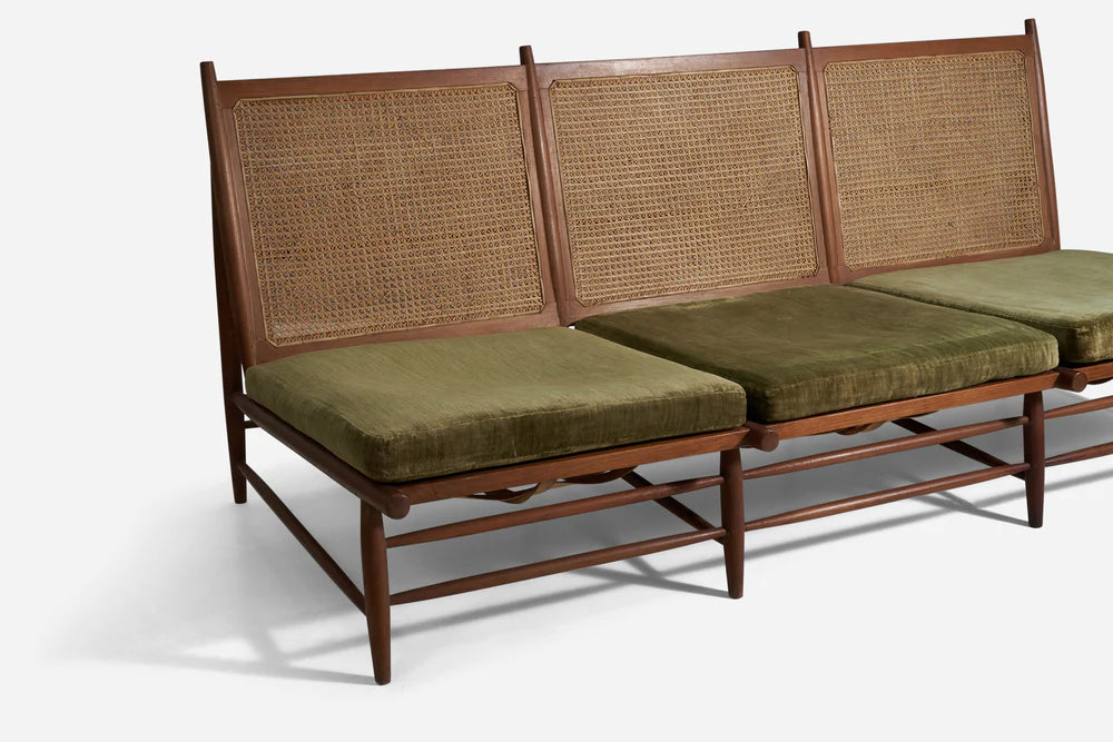Gajanan Upadhyay, 3 Seater Sofa, Rattan, Teak, Velvet, NID, India, c. 1964 - GULMOHAR WOOD WORKS - Made in Bangalore