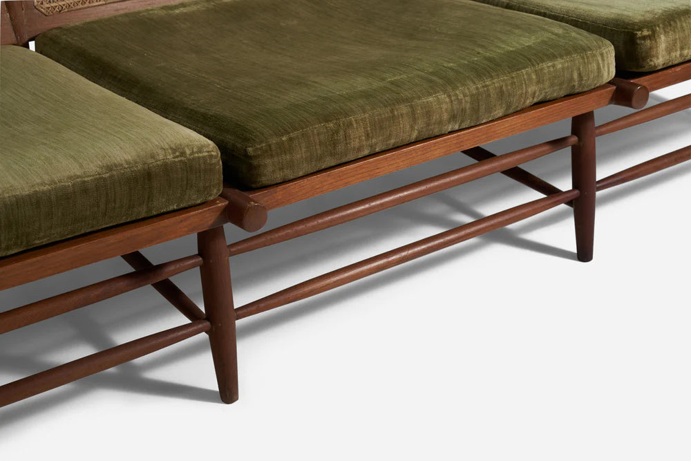 Gajanan Upadhyay, 3 Seater Sofa, Rattan, Teak, Velvet, NID, India, c. 1964 - GULMOHAR WOOD WORKS - Made in Bangalore
