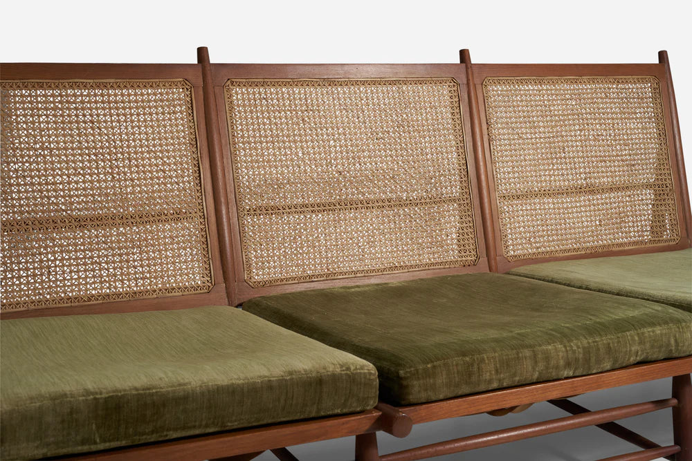 Gajanan Upadhyay, 3 Seater Sofa, Rattan, Teak, Velvet, NID, India, c. 1964 - GULMOHAR WOOD WORKS - Made in Bangalore
