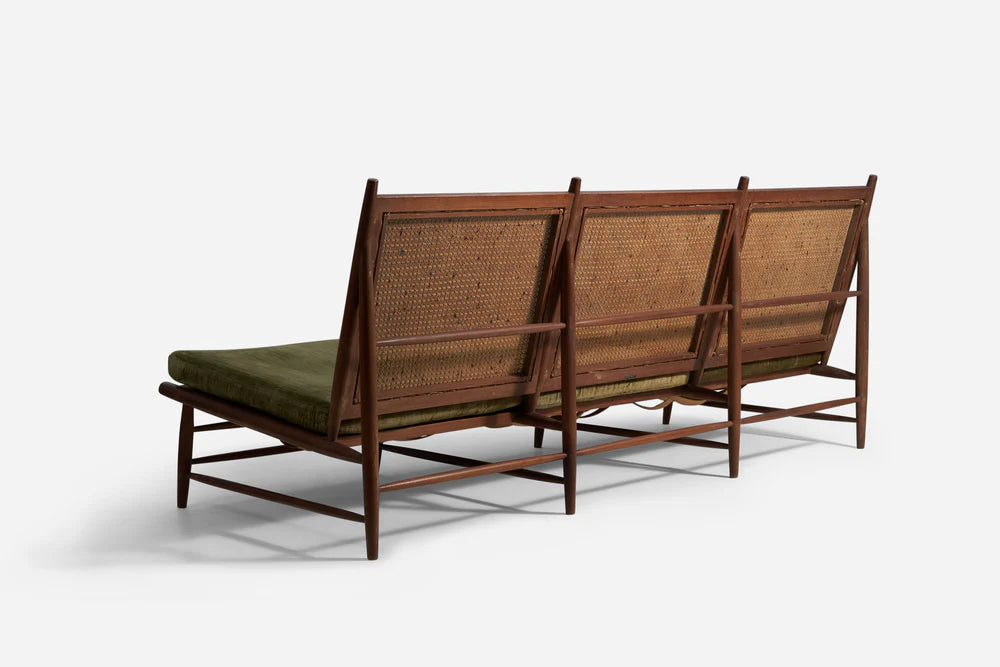 Gajanan Upadhyay, 3 Seater Sofa, Rattan, Teak, Velvet, NID, India, c. 1964 - GULMOHAR WOOD WORKS - Made in Bangalore