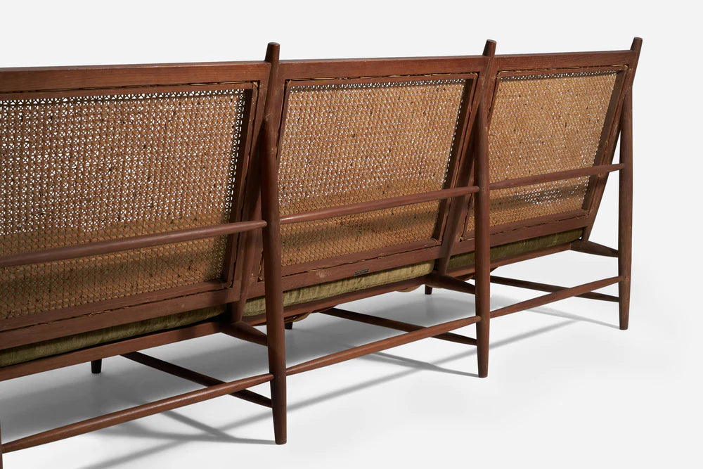 Gajanan Upadhyay, 3 Seater Sofa, Rattan, Teak, Velvet, NID, India, c. 1964 - GULMOHAR WOOD WORKS - Made in Bangalore
