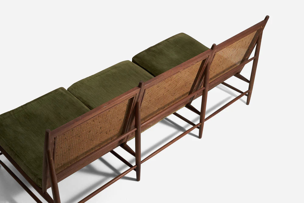 Gajanan Upadhyay, 3 Seater Sofa, Rattan, Teak, Velvet, NID, India, c. 1964 - GULMOHAR WOOD WORKS - Made in Bangalore