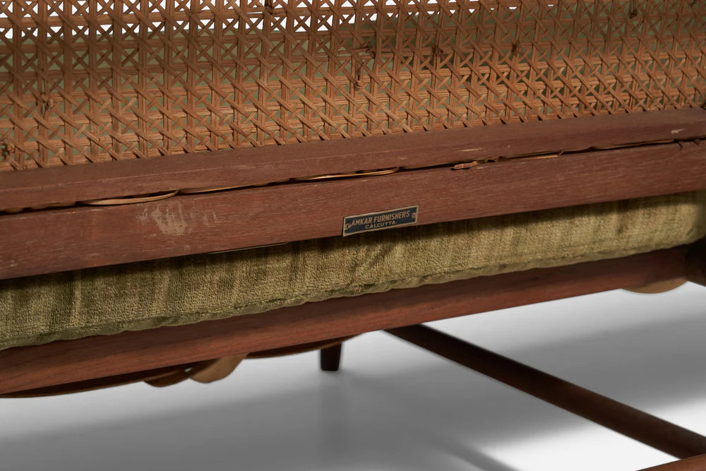 Gajanan Upadhyay, 3 Seater Sofa, Rattan, Teak, Velvet, NID, India, c. 1964 - GULMOHAR WOOD WORKS - Made in Bangalore