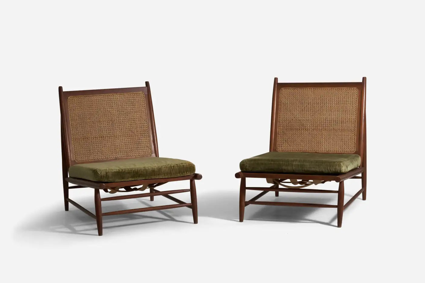 Gajanan Upadhyay, Slipper Chairs, Rattan, Teak, Velvet, NID, India, c. 1964 - GULMOHAR WOOD WORKS - Made in Bangalore