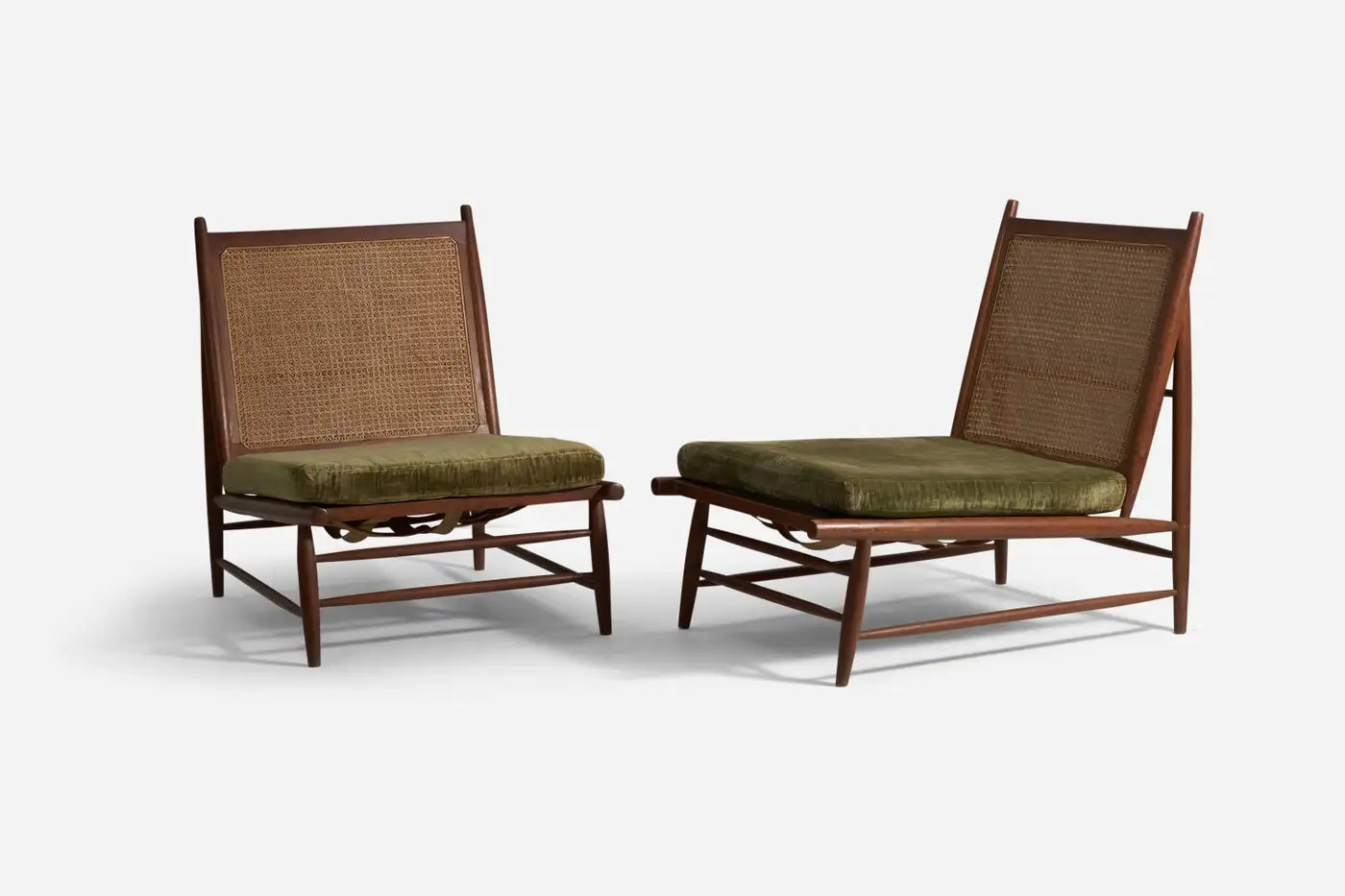Gajanan Upadhyay, Slipper Chairs, Rattan, Teak, Velvet, NID, India, c. 1964 - GULMOHAR WOOD WORKS - Made in Bangalore