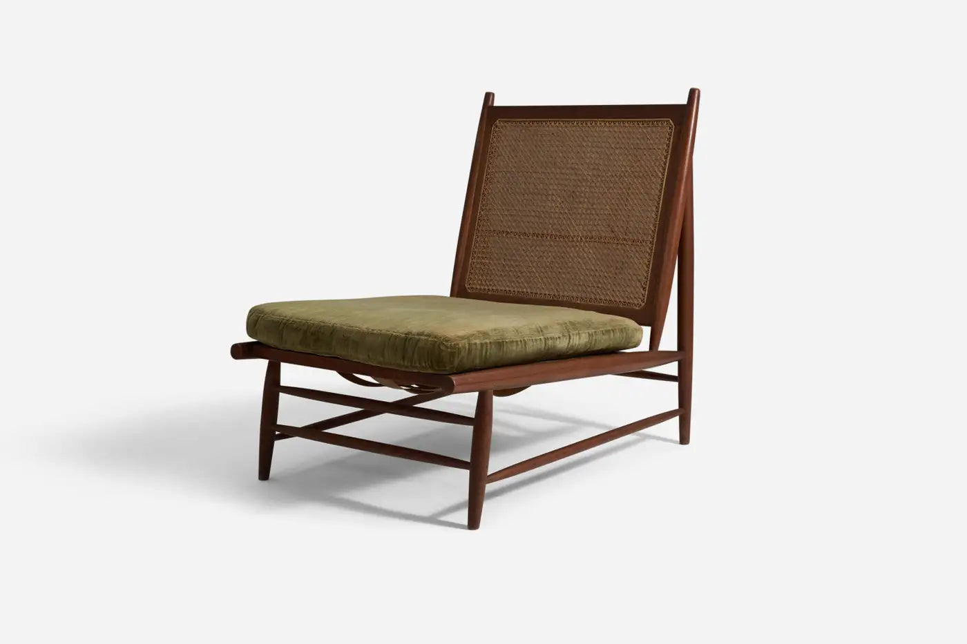 Gajanan Upadhyay, Slipper Chairs, Rattan, Teak, Velvet, NID, India, c. 1964 - GULMOHAR WOOD WORKS - Made in Bangalore