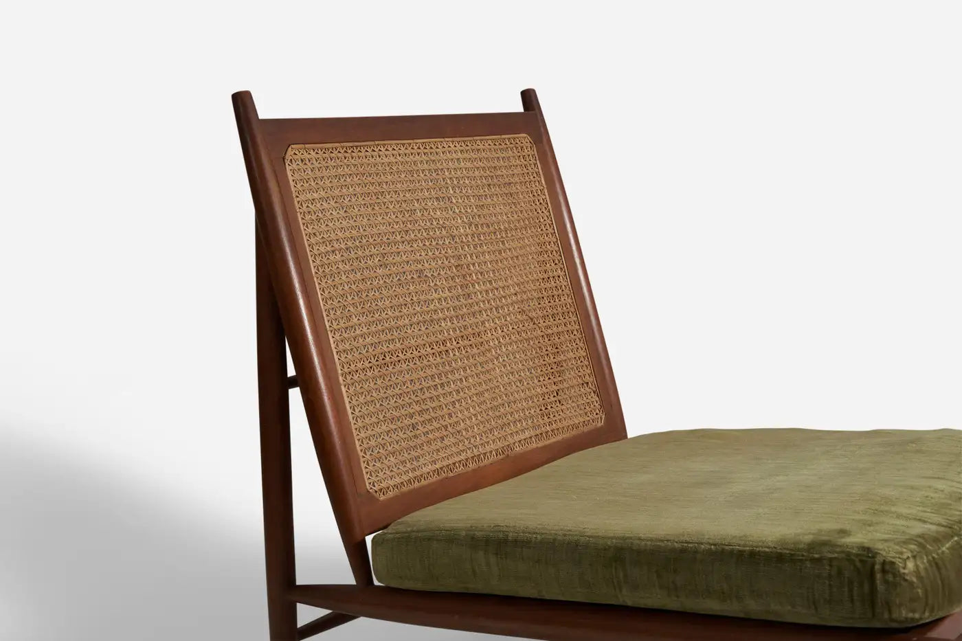 Gajanan Upadhyay, Slipper Chairs, Rattan, Teak, Velvet, NID, India, c. 1964 - GULMOHAR WOOD WORKS - Made in Bangalore