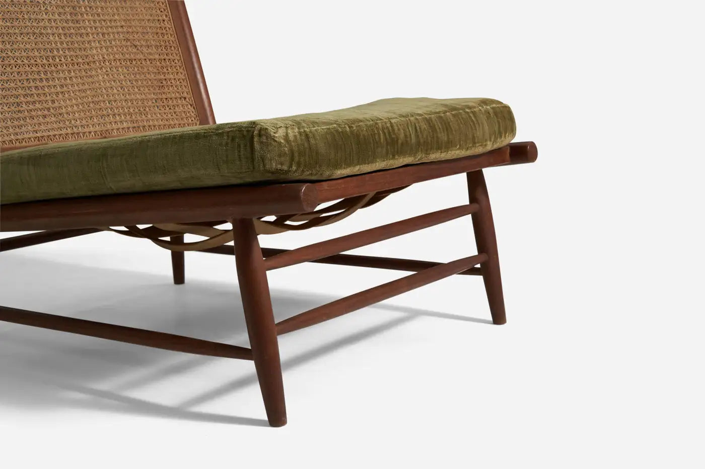 Gajanan Upadhyay, Slipper Chairs, Rattan, Teak, Velvet, NID, India, c. 1964 - GULMOHAR WOOD WORKS - Made in Bangalore