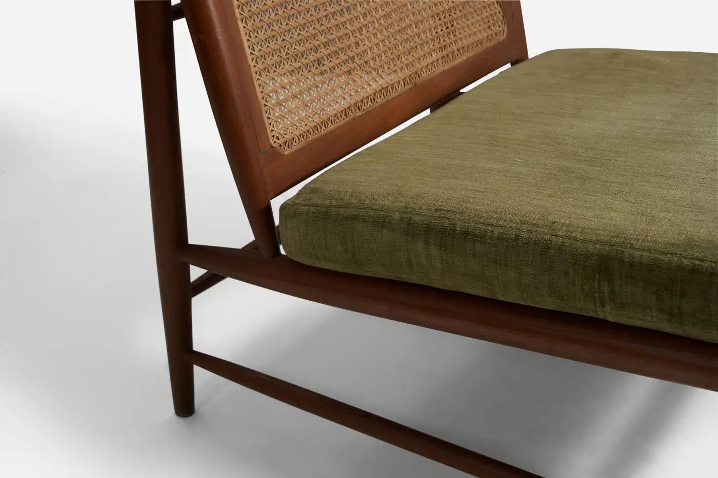 Gajanan Upadhyay, Slipper Chairs, Rattan, Teak, Velvet, NID, India, c. 1964 - GULMOHAR WOOD WORKS - Made in Bangalore