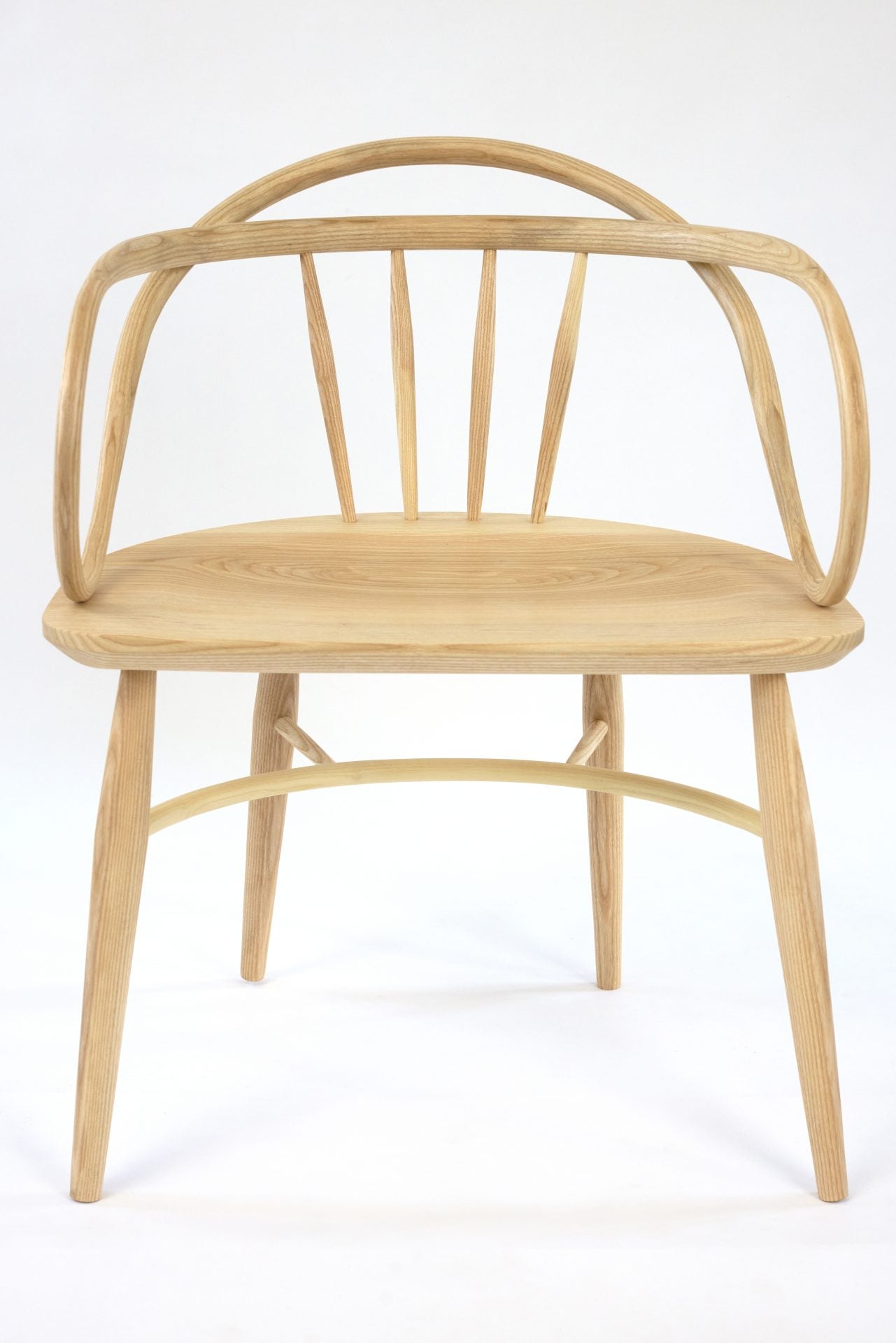 Solid ash and teak Windsor chair with a double bow back.