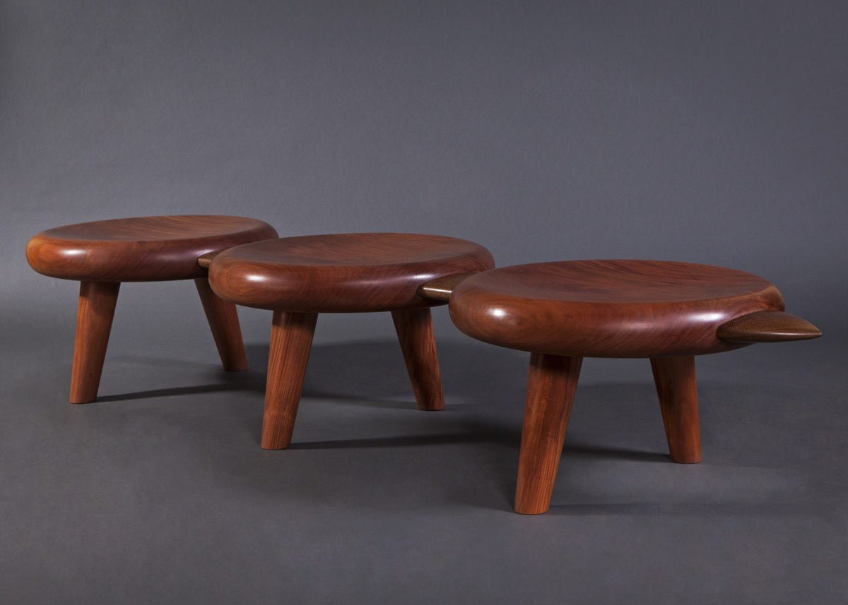 Trindade Bench overall view of the three turned wooden discs; original cabreúva and sucupira design reference