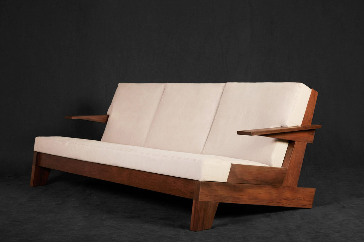 CJ1 Sofa three-quarter view of the wide arms; original reclaimed peroba rosa design reference