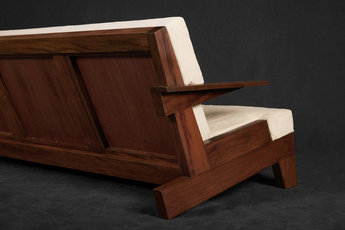 CJ1 Sofa rear view of the exposed wooden frame; original reclaimed peroba rosa design reference