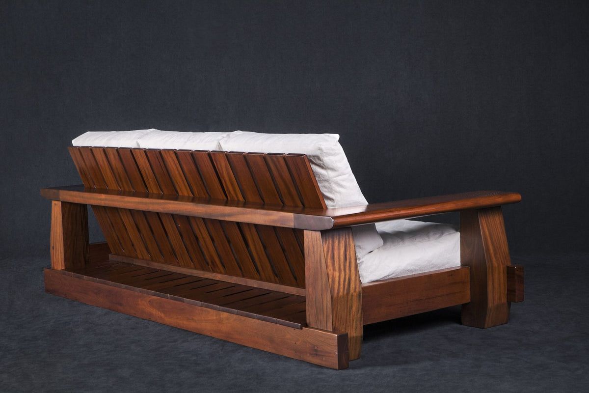 Mário de Andrade Sofa rear view of the wooden slatted back; original reclaimed peroba rosa design reference