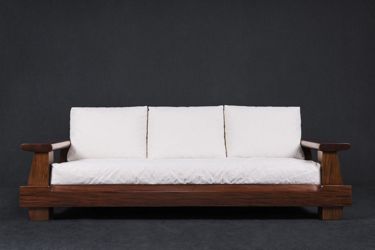 Mário de Andrade Sofa front view of the broad arms and seat; original reclaimed peroba rosa design reference