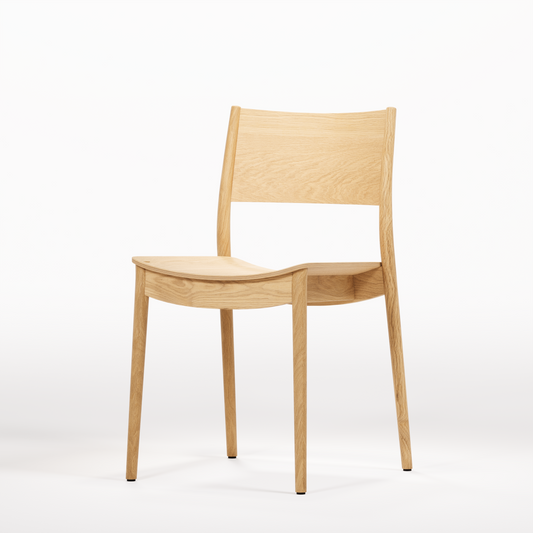 Vio Chair, three-quarter view in original oak finish; Wewood design reference, not Gulmohar teak photography