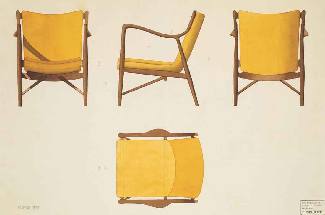 Technical drawing of the Finn Juhl 45 Chair showing front, side, back, and top views in yellow.