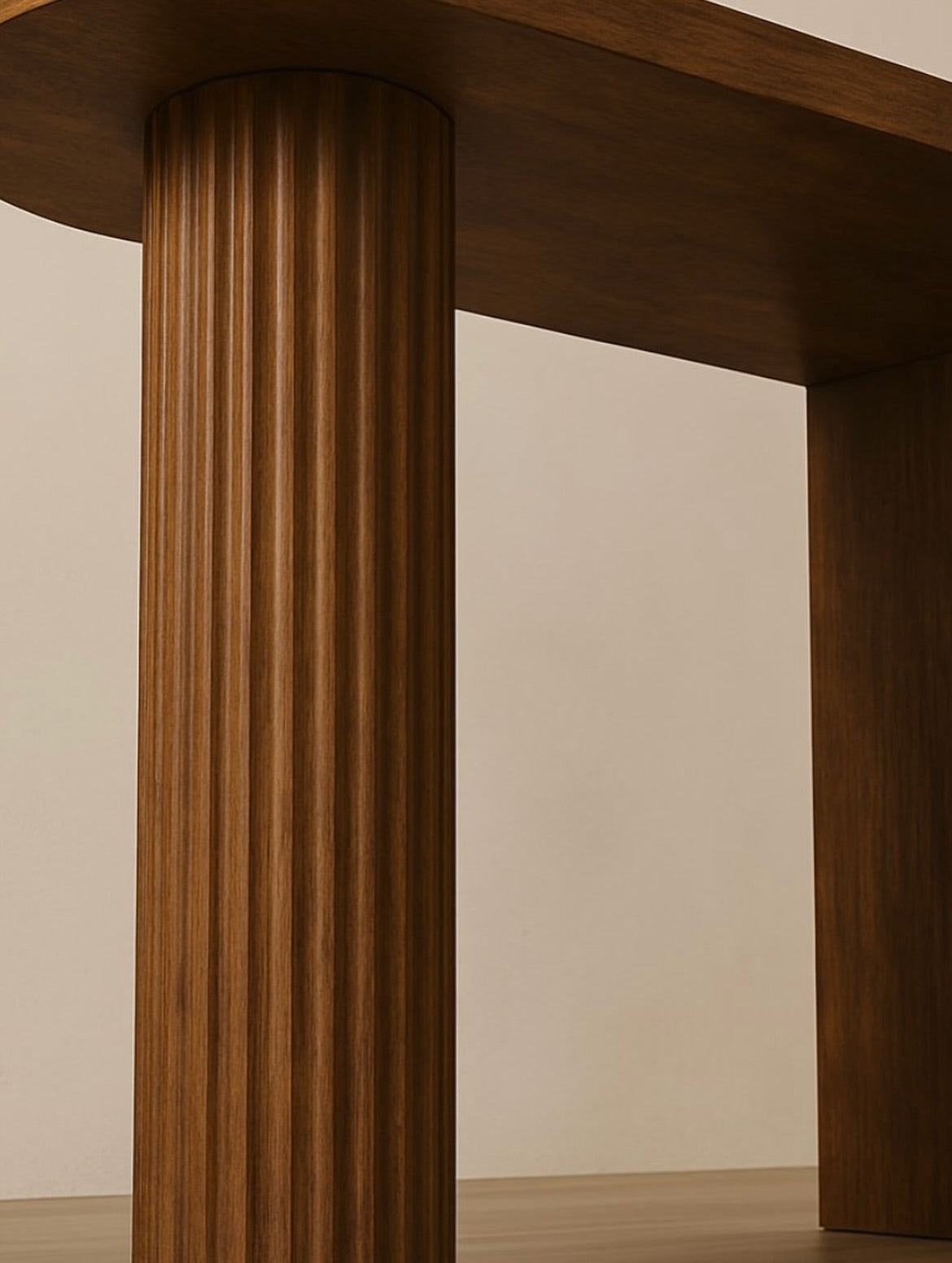 Aras Wood bar table design reference, low-angle fluted pedestal detail