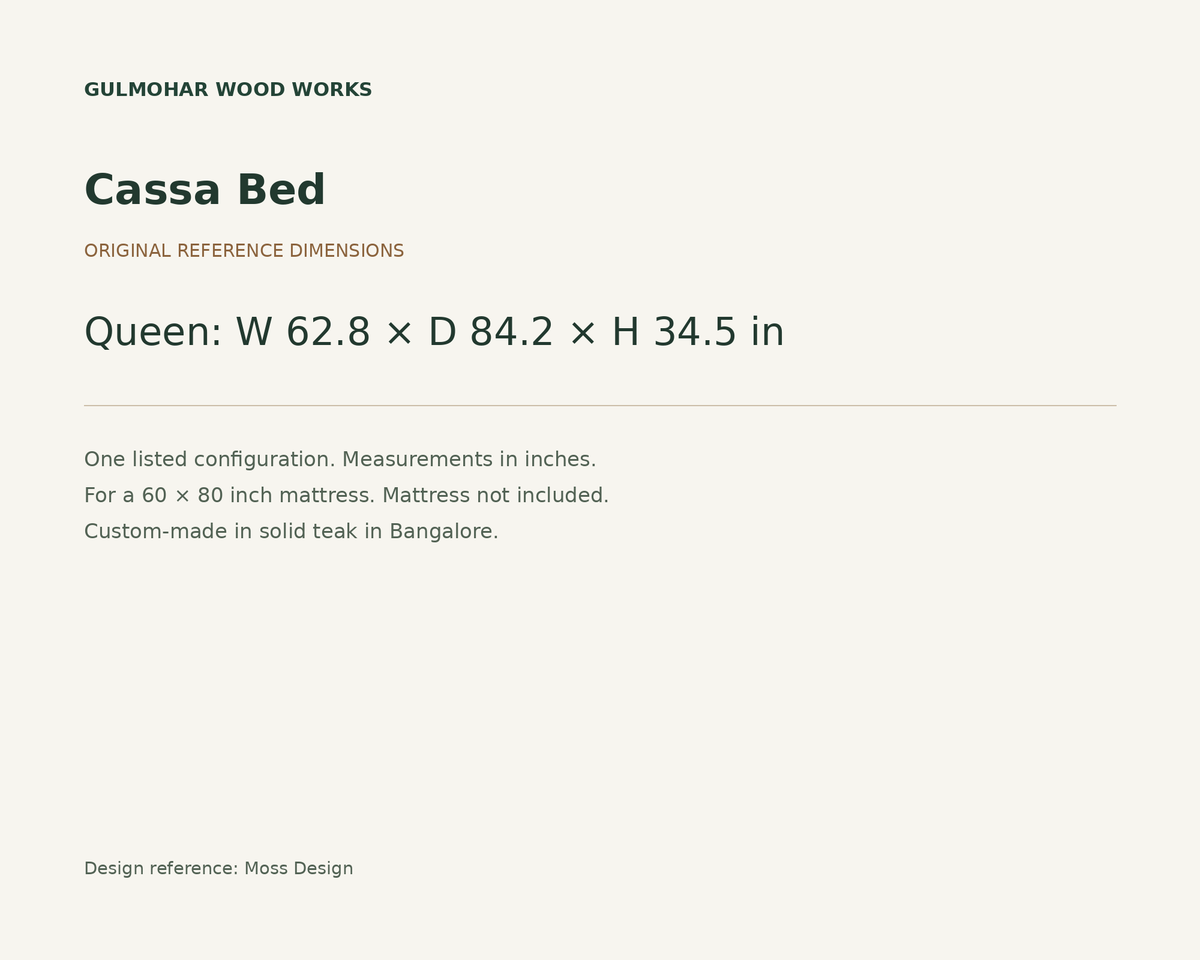 Cassa Bed dimensions: Queen: W 62.8 × D 84.2 × H 34.5 in