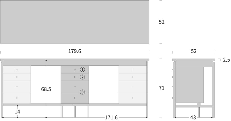 Noon Counter desk: Original dimension drawing; original design reference, not Gulmohar teak finish