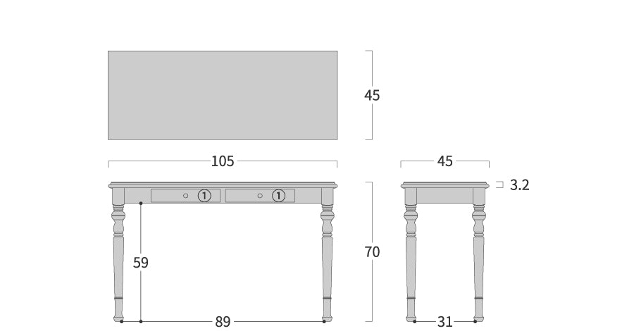 CPT1 Size order desk: Original dimension drawing; original design reference, not Gulmohar teak finish