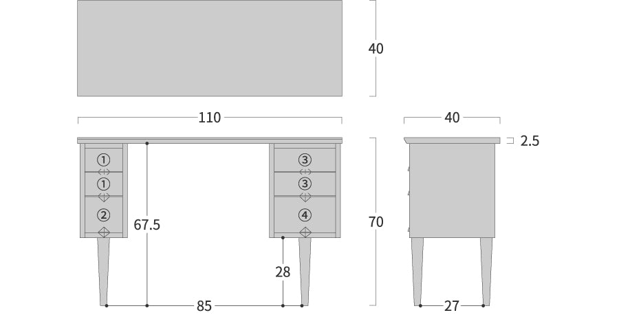 Flag Desk two drawers: Original dimension drawing; original design reference, not Gulmohar teak finish